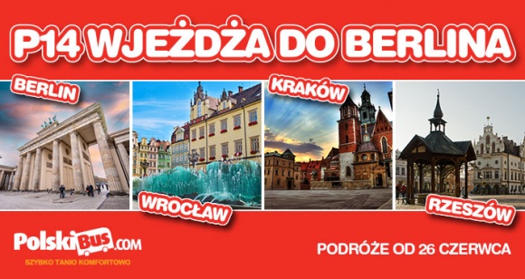 Niespodzianka dla mieszkańców Rzeszowa, Krakowa oraz Wrocławia. Trasa P14 przedł Turystyka, BIZNES - PolskiBus.com serdecznie zaprasza wszystkich mieszkańców Rzeszowa, Krakowa i Wrocławia do odwiedzenia Berlina! Już od 26 czerwca, dzięki kolejnej nowości w ofercie PolskiBus.com, będzie to prostsze, niż kiedykolwiek wcześniej.